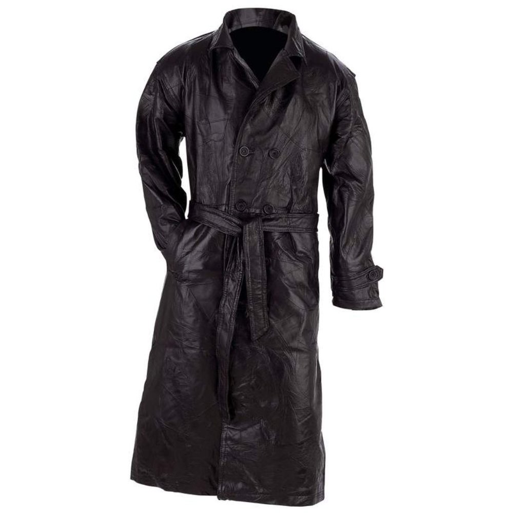 Men's Leather Trench Coat Long Overcoat Lined - Picture 5 of 7